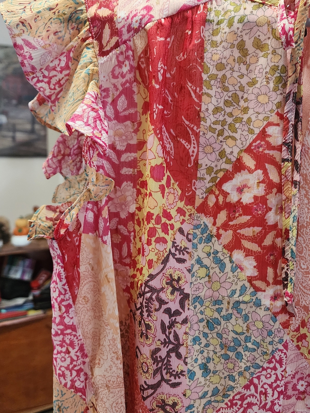 Women's Pink Floral Patchwork Ruffle Blouse Sz Medium